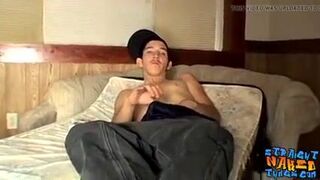 Skinny thug goes naked before starting to jerk off wildly