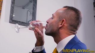 Businessmen enjoy champagne before sloppy blowjobs and anal