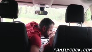 Stepson getting bareback hard by daddy inside the car