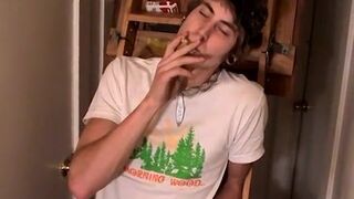 Pierced twink Carl Alexander strokes his dick while smoking