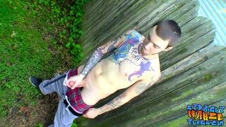 Straight bad boy Blinx strokes his big dick outdoor and cums