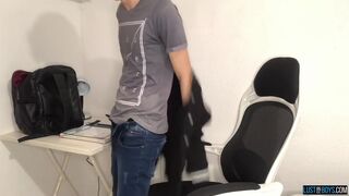 Cute Henry Evans cums on his homework while jerking solo