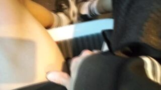 Bus boy shows his uncut dick sticking out of his too short shorts, freeballing discretly, shyly revealing his foreskin, his glan