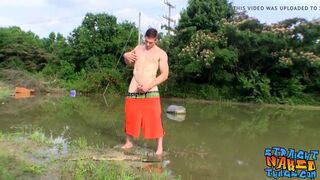 Fit guy Elijah Knight jacking off outdoors near a lake