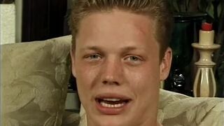 Curly blonde haired boy sucks balls and cock on the couch