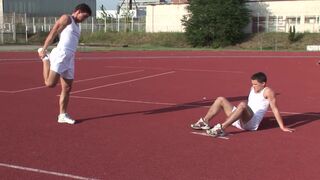Very horny muscular jocks anally fuck on the stairs