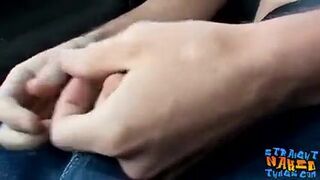 Young straight thuggish dude stroking dick publicly in car