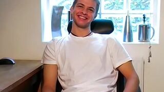 Cute blond twink Mark R cums after jerking off for interview
