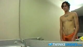 Horny twink Joey Steels wanking off and changing underwear