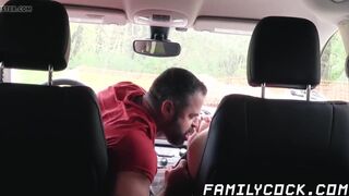 Stepson getting bareback hard by daddy inside the car