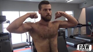 Young hairy stud strokes big cock solo after hot workout