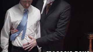 Beautiful young man presents hole on altar for insemination