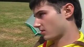 Outdoor anal threesome with skinny twink boy scouts