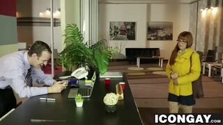 Billy pulls his boss pants down and sucks on his big dick