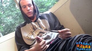 Homosexual thug takes a smoke outdoors and jacks off