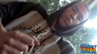 Homosexual thug takes a smoke outdoors and jacks off