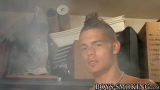 Smoking twink pulling his cock and making it rain