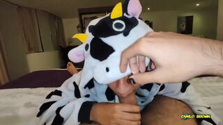 Dreichwe in a cow pijama sucking and riding my big uncut cock until he earns my hot milk