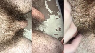 Extreme closeup view of my very long pubic hair around my flaccid uncut cock