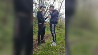 Two hot, horny boys smoking and wanking their dicks outdoors
