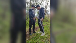 Two hot, horny boys smoking and wanking their dicks outdoors