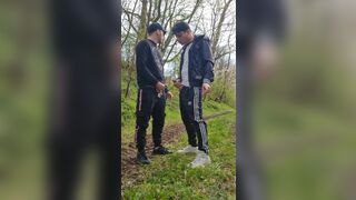 Two hot, horny boys smoking and wanking their dicks outdoors