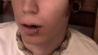 Cigar smoking twink jerks off hairy cock and jizzes in tray