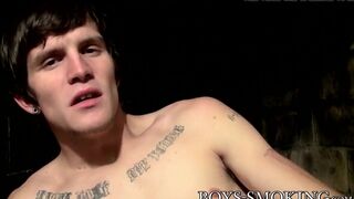 Smoking bitch Lex jacks off his tool by the fireplace solo