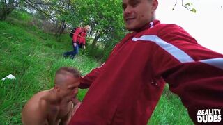 Horny Leon Lets Tattooed Hottie Ryan Cage Pound His Hole Up Against The Tree - Real Dudes