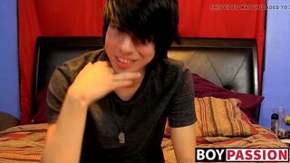 Young man tugs on his cock vigorously after kinky interview