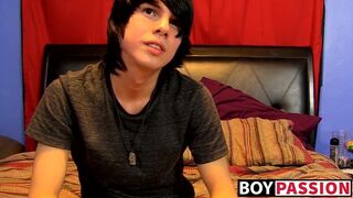 Young man tugs on his cock vigorously after kinky interview