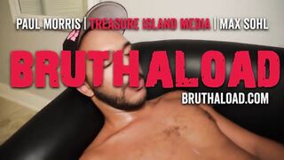 Jacking off on a black leather couch