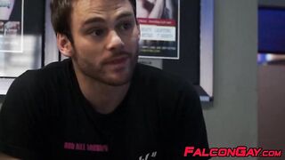 Two horny guys blowing each others dicks through glory hole