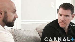 Gay Legrand Wolf watches twink spitroasted by big dick DILF pals