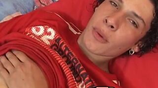 Latino twink strokes his cock after fingering his asshole