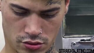 Tattooed Latino guy barebacked hard in a threesome