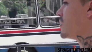 Tattooed Latino guy barebacked hard in a threesome