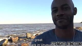 Ebony straight guy banged outdoor in threesome by Latin gays