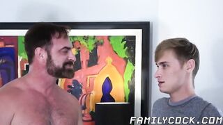 Mature hunky daddy fucks his stepson and his gay lover