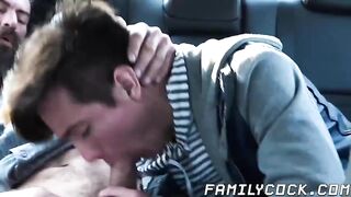 Bearded stepdad bare fucks his cute stepson on the backseat