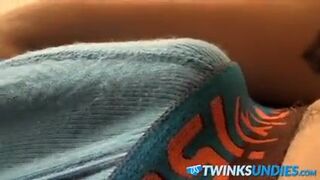 Solo twink pleases his cock in panties by jerking it off