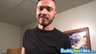 Tattooed guy vigorously strokes his big dick for daddy