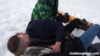 3 guys on a snowboard holiday having 3-way fun