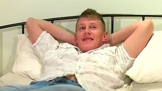Blond British jock Michael B jerks off his dick and cums