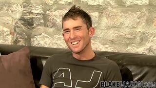 Slim twink Kane jerks off big throbbing dick after interview