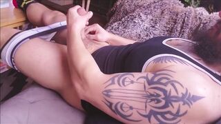 Ozmyr cums to gay porn in the livingroom