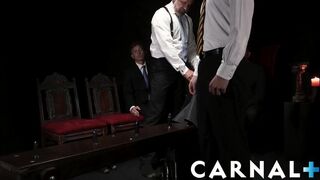 Hot Three sexy suited DILFs seduce and bareback jock