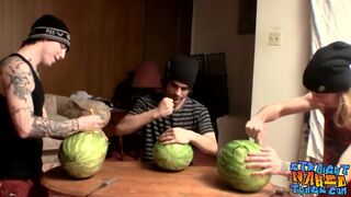 Straight inked guys fuck watermelons until cumming