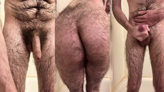 Skinny very hairy white dude strips down, oils up from head to toe, then masturbates furiously to intense shaking orgasm