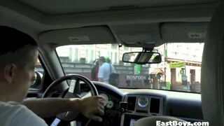 Handjob my BF's dick in limousine